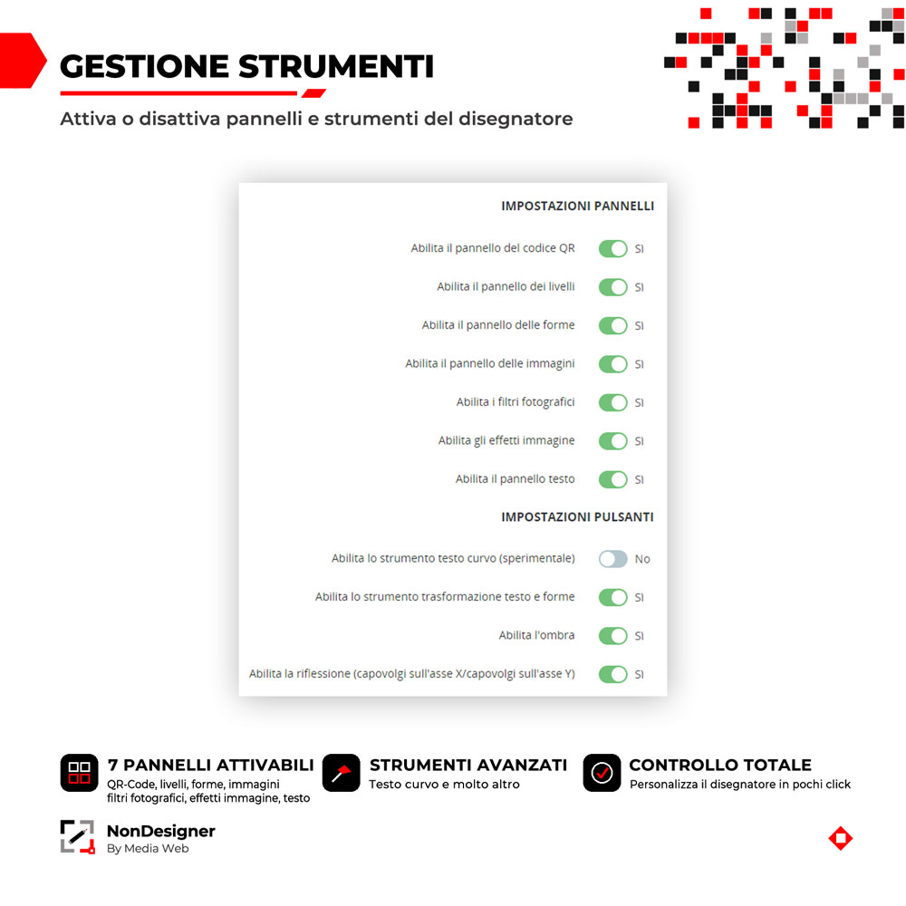 Pannelli del disegnatore NonDesigner: testo, forme, immagini, QR code, livelli, filtri ed effetti